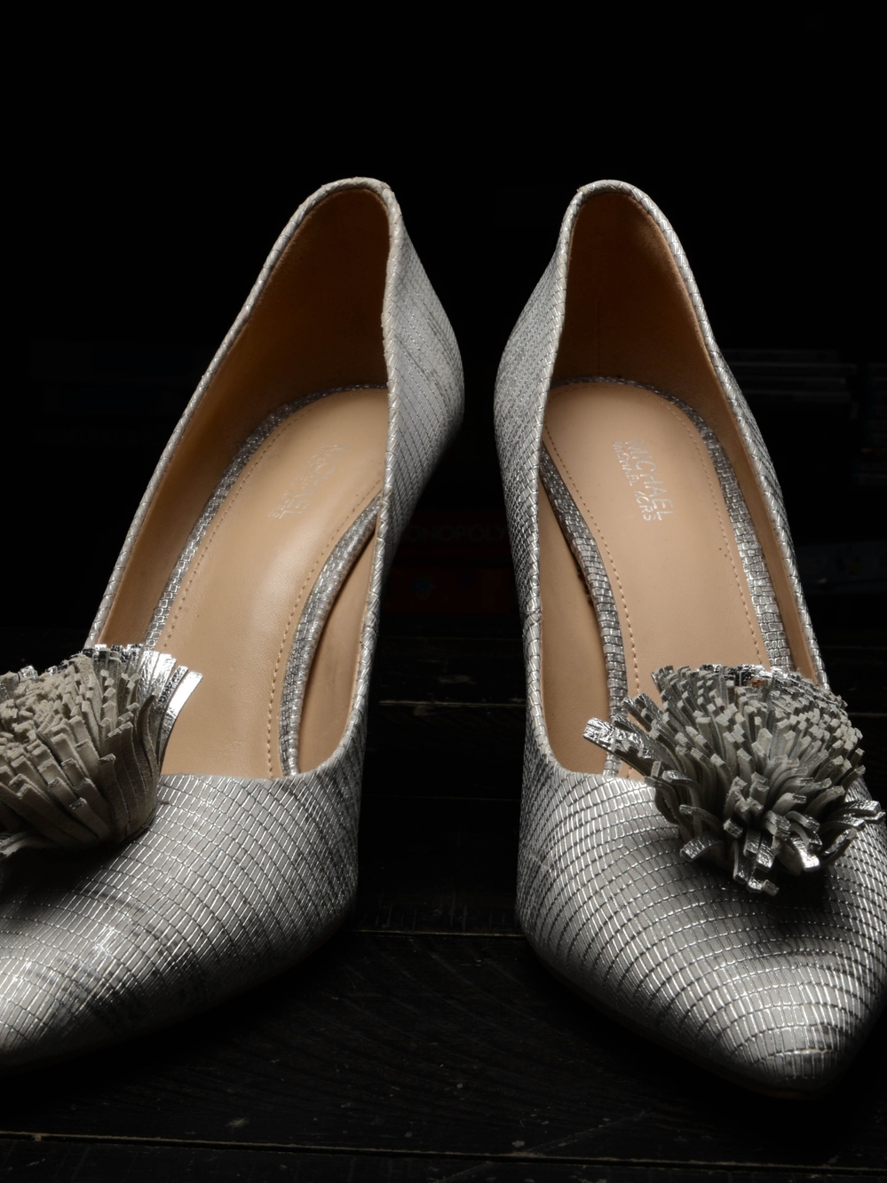 Michael Kors Silver Textured Pointed-Toe Pumps with Pom Accent